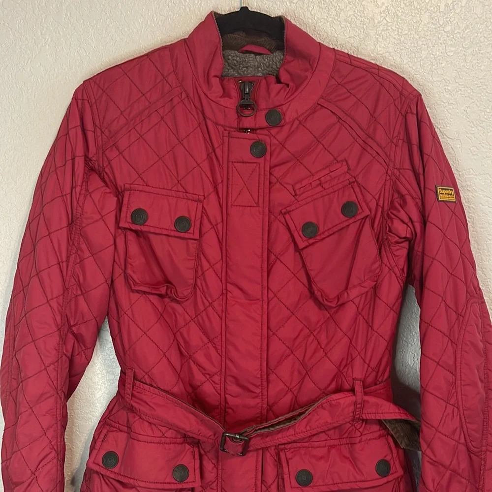 Superdry Motorbike Japan Womens Red Quilted Jacket Fleece Lined Size Medium - Picture 3 of 15
